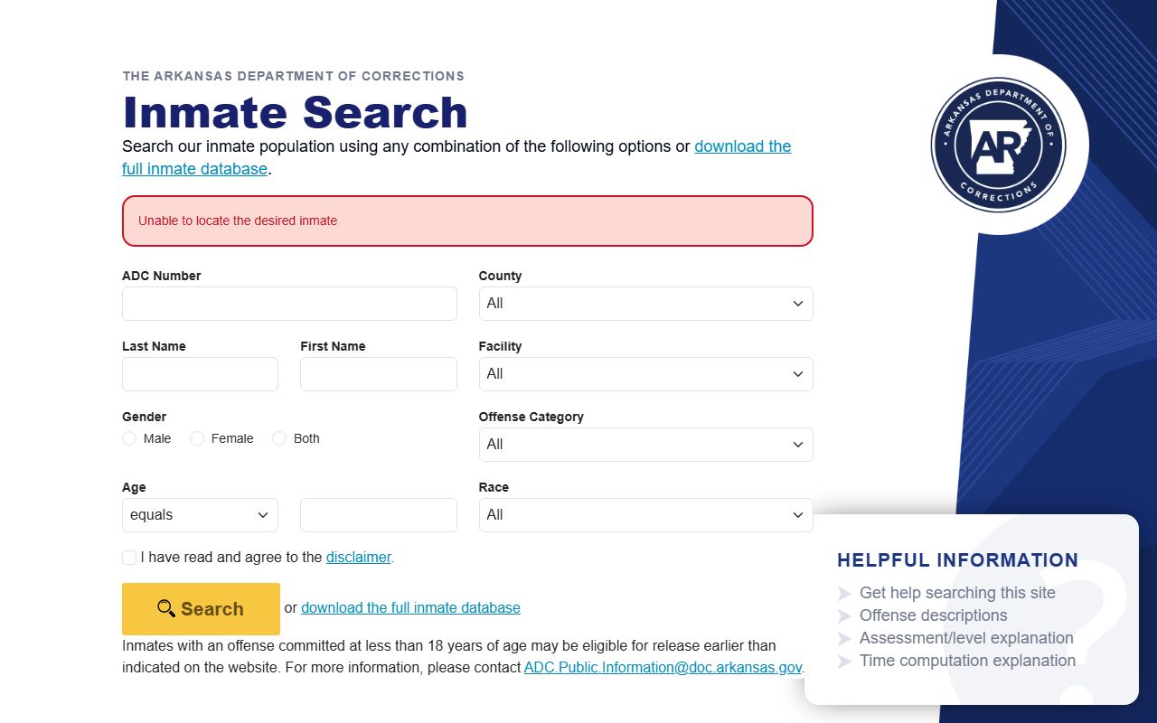 Hempstead County inmate population Arkansas DOC search form